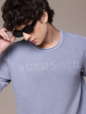 Roadster Printed Round Neck Casual Men Blue Sweater