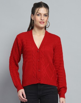 MONTE CARLO Self Design V Neck Casual Women Red Sweater