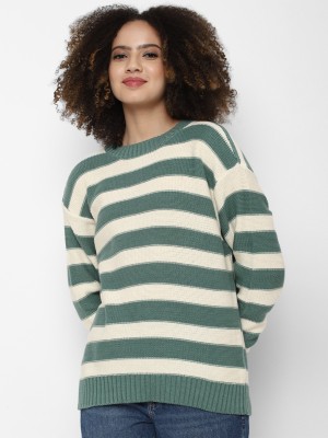 American Eagle Outfitters Woven Round Neck Casual Women Green, White Sweater