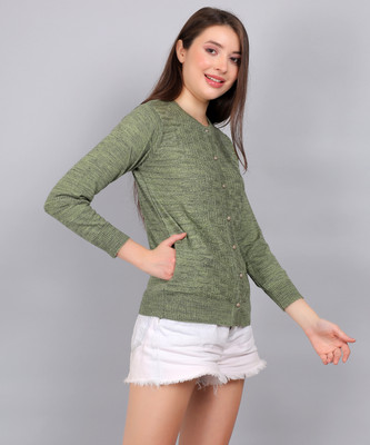 YOUTH ROBE Solid Round Neck Casual Women Light Green Sweater