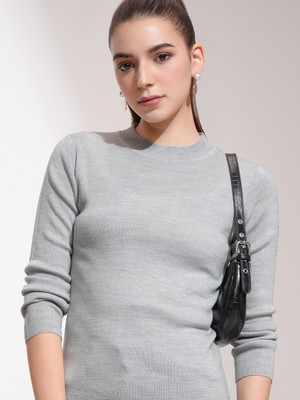 Tokyo Talkies Self Design Crew Neck Casual Women Grey Sweater