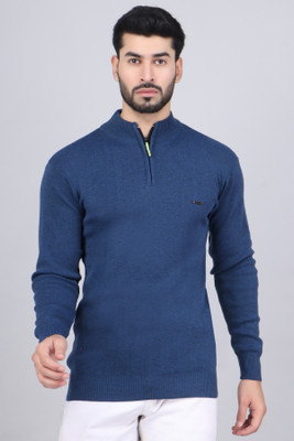 FEVERFEW Self Design Collared Neck Casual Men Dark Blue Sweater