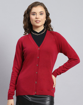 MONTE CARLO Solid V Neck Casual Women Red Sweater