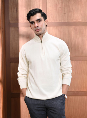 Andamen Solid Mandarin Neck Casual Men White Sweater