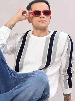 V-MART Striped Round Neck Casual Men White Sweater