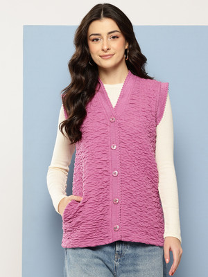 METRONAUT Self Design V Neck Casual Women Purple Sweater