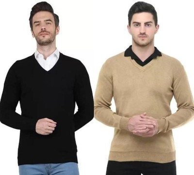 COMPANY ME Solid V Neck Casual Men Beige, Black Sweater