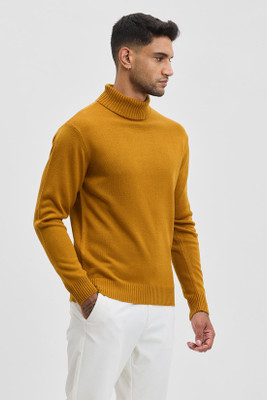 Snitch Solid Turtle Neck Casual Men Yellow Sweater