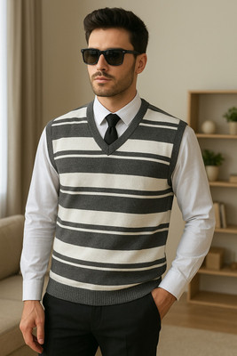 VEMRIS Striped V Neck Casual Men Grey, White Sweater
