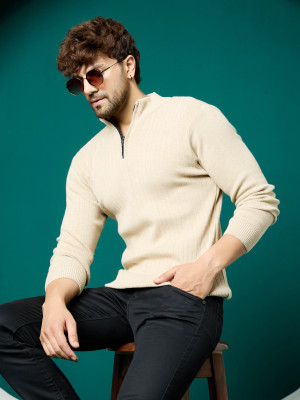 KVETOO Solid High Neck Casual Men Beige Sweater