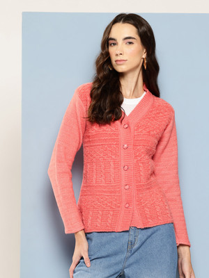 Aarika Self Design V Neck Casual Women Pink Sweater