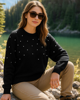 BEWAKOOF Self Design Round Neck Casual Women Black Sweater