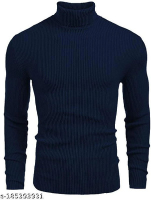 HouseOfCommon Solid High Neck Casual Men Dark Blue Sweater