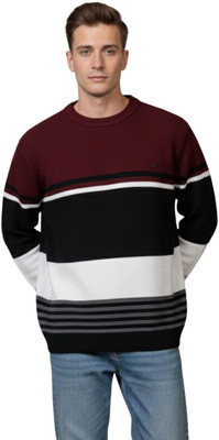 WAY TO TRENDY Striped Round Neck Casual Men Maroon Sweater
