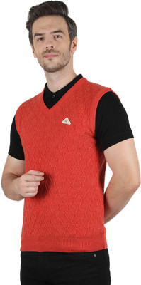 MONTE CARLO Self Design V Neck Casual Men Orange Sweater