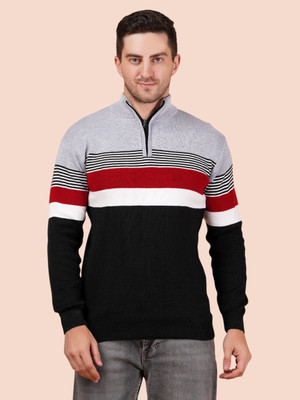 GLAUCUS Striped Collared Neck Casual Men Black Sweater