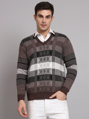 eWools Striped V Neck Casual Men Brown Sweater