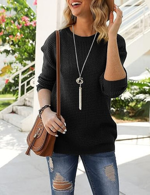 COLORCHAKRA Self Design Round Neck Casual Women Black Sweater