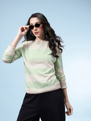 Glitchez Striped Round Neck Casual Women White, Green Sweater