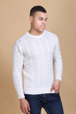 DZANT Self Design Round Neck Casual Men White Sweater