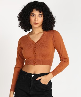 MONTE CARLO Solid V Neck Casual Women Brown Sweater