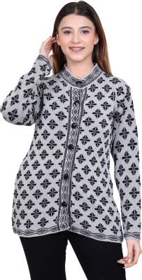 Grand Line Woven, Self Design, Geometric Print Round Neck Casual Women Grey, Black Sweater