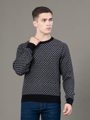 RED TAPE Geometric Print Round Neck Casual Men Black, Grey Sweater