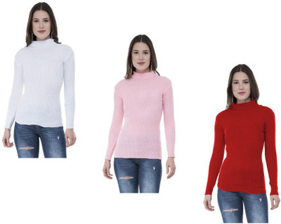Indeweaves Solid High Neck Casual Women White, Pink, Red Sweater