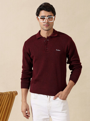 KVETOO Solid Collared Neck Casual Men Maroon Sweater