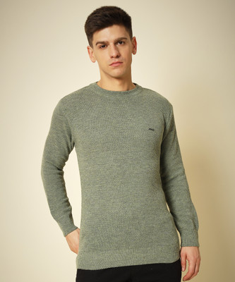 TWOCRAZIIE Solid Round Neck Casual Men Light Green Sweater