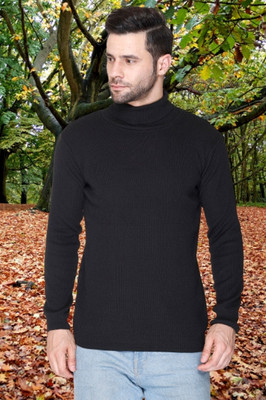 jorden4u Solid, Self Design Turtle Neck Casual Men Black Sweater