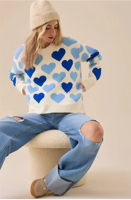 Eddicted Printed Round Neck Casual Women Blue Sweater