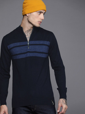 WROGN Striped High Neck Casual Men Dark Blue Sweater