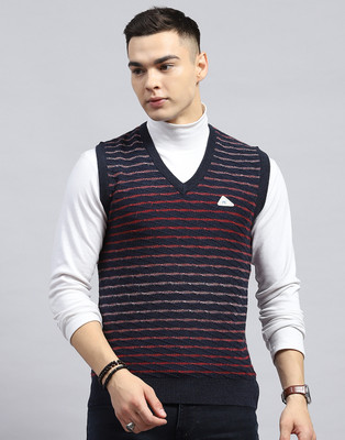 MONTE CARLO Self Design V Neck Casual Men Dark Blue Sweater