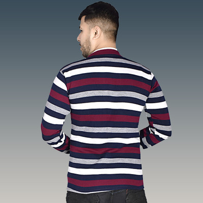 Marc Laurent Striped Round Neck Casual Men Maroon Sweater