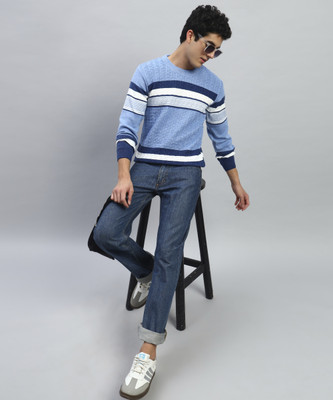 Cluzive Colorblock Round Neck Casual Men Blue Sweater