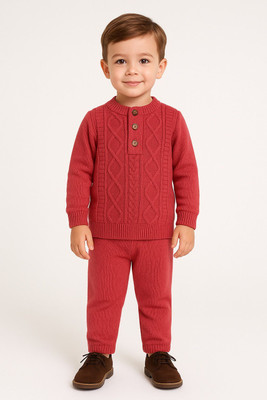 GTwo Self Design Round Neck Casual Boys Red Sweater