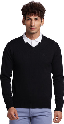 PARX Solid V Neck Casual Men Black Sweater
