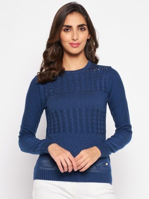 Crozo By Cantabil Woven Round Neck Casual Women Blue Sweater