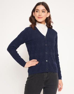 MADAME Solid V Neck Casual Women Blue Sweater