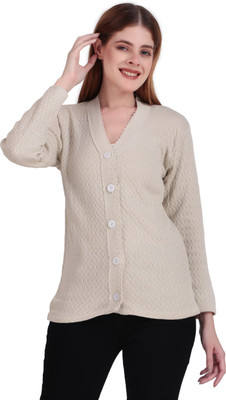 BRAZO Self Design V Neck Casual Women Beige Sweater