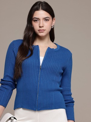 French Connection Self Design Round Neck Casual Women Blue Sweater