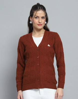 MONTE CARLO Self Design V Neck Casual Women Maroon Sweater