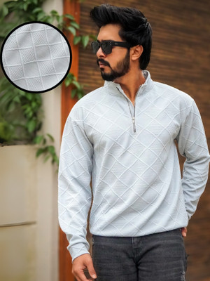 Jump Cuts Self Design Collared Neck Casual Men Grey Sweater