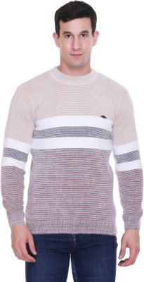 First Sleep Striped Round Neck Casual Men Gold Sweater