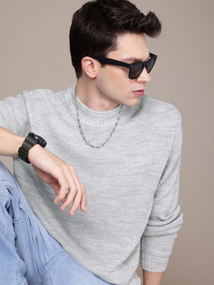 WROGN Self Design Round Neck Casual Men Grey Sweater