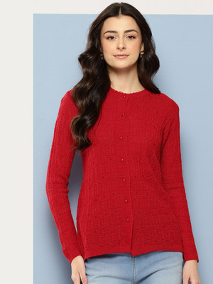 Aarika Embellished, Self Design Round Neck Casual Women Red Sweater
