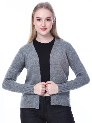 NOQUO Self Design Round Neck Casual Women Grey Sweater
