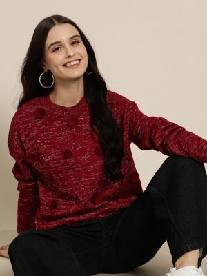 HERE&NOW Printed Round Neck Casual Women Maroon Sweater