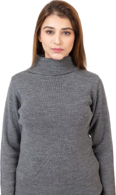 Oishee Solid High Neck Casual Women Grey Sweater